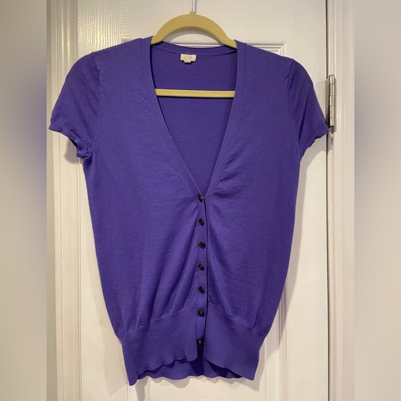 J. Crew Size XS Dark Periwinkle Short Sleeve V Neck Button Front Knit Cardigan - Picture 1 of 8
